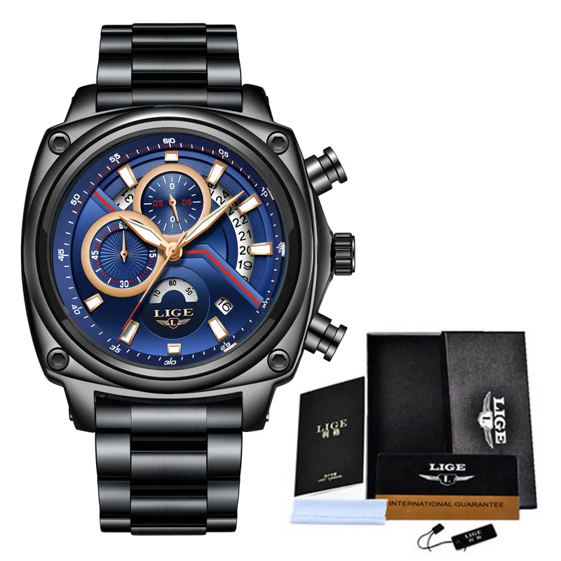 S Black blue LIGE, мужские часы, Лидирующий бренд, Роскошные Кварцевые водонепроницаемые часы, мужские военные спортивные наручные часы, хронограф, Relogio Masculino+ коробка - Цвет: S Black blue