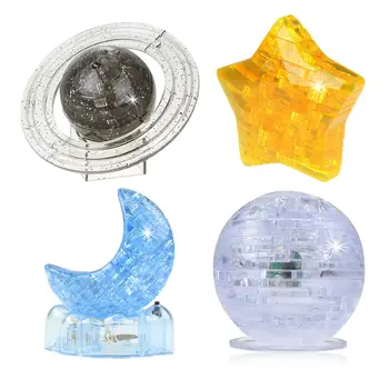 

Children DIY Crystal Puzzle Model 3D Puzzle Assembly Jigsaw Educational Toys - Grey Saturn+Blue Moon+Transparent Earth+Pentastar