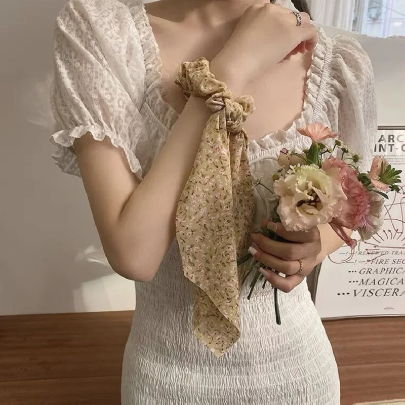 Fashion Dots Flower Printed Satin Girls Elastic Hair Bands Long Ribbon Ponytail Scarf Hair Tie Women Scrunchies Hair Accessories