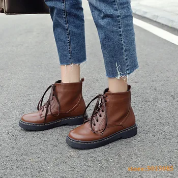 

Ladys Concise Lace Up Brown Black Military Combat Boots Low Heel Platform Womens Ankle Short Boot Casual Shoes Plus Size