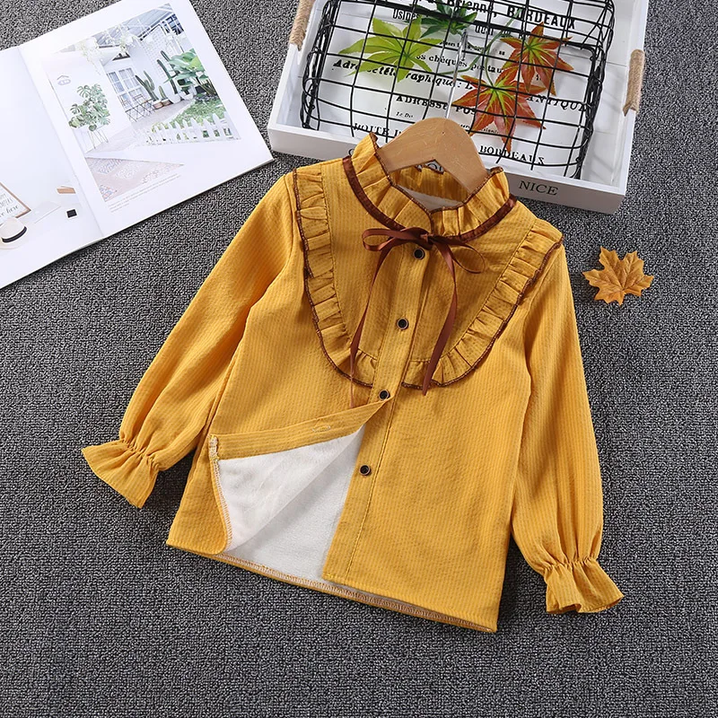 Yellow Thick Winter Плотные теплые блузки на осень-зиму для девочек 5, 6, 7, 8, 9, 10, 11, 12 лет, топы для девочек-подростков, модная детская блузка с бантом и оборками - Цвет: Yellow Thick Winter