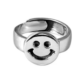 

S925sterling silver retro Thai silver handsome cold wind smile face opening round face sterling silver men and women couple ring