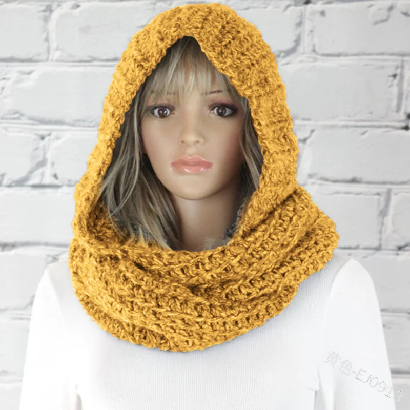Solid Color Wool Hat Scarf Women Fashion Casual Knit Hooded Scarf Autumn Winter Warm Retro Scarf With Cap 3