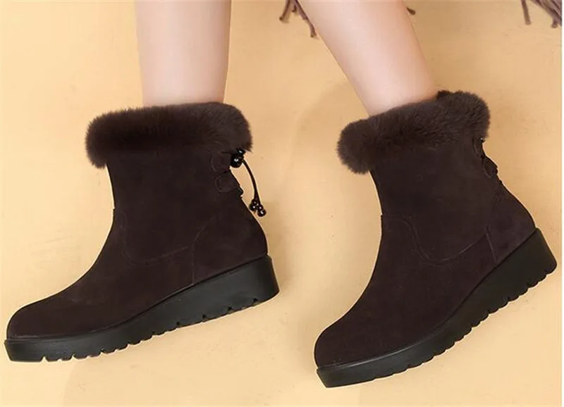 New Winter Rabbit Fur Top Matte Cowhide Leather Boots Women Snow Boots Fashion Casual Flat Boots Winter Shoes Women Boots