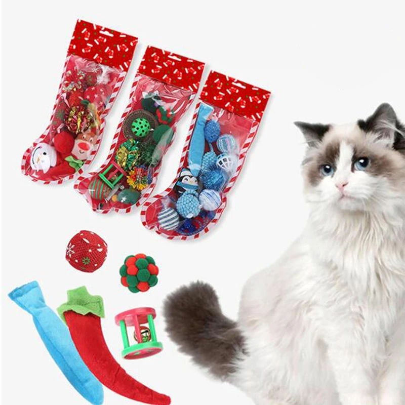 Sock Packing Pet Cat Toy Christmas Combination Set Mini Funny Playing Toys For Cats Colorful Plush | Дом и сад