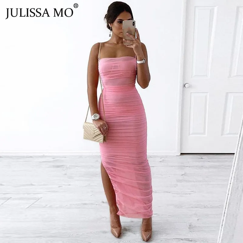 JULISSA MO 2 слоя сетки белое летнее платье для женщин Спагетти ремни Bodycon Ruched платье без рукавов сексуальные вечерние домашние женские платья XS
