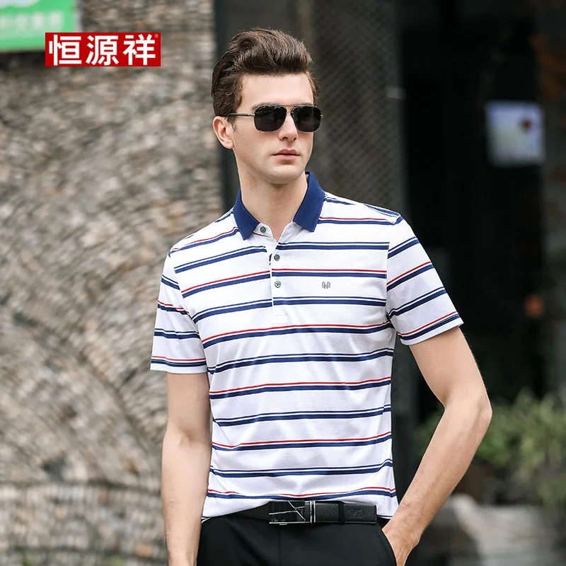 

HYX Genuine Product Summer New Style Men Mulberry Silk Short Sleeve Base Shirt Stripes Thin T-shirt Casual Half Sleeve