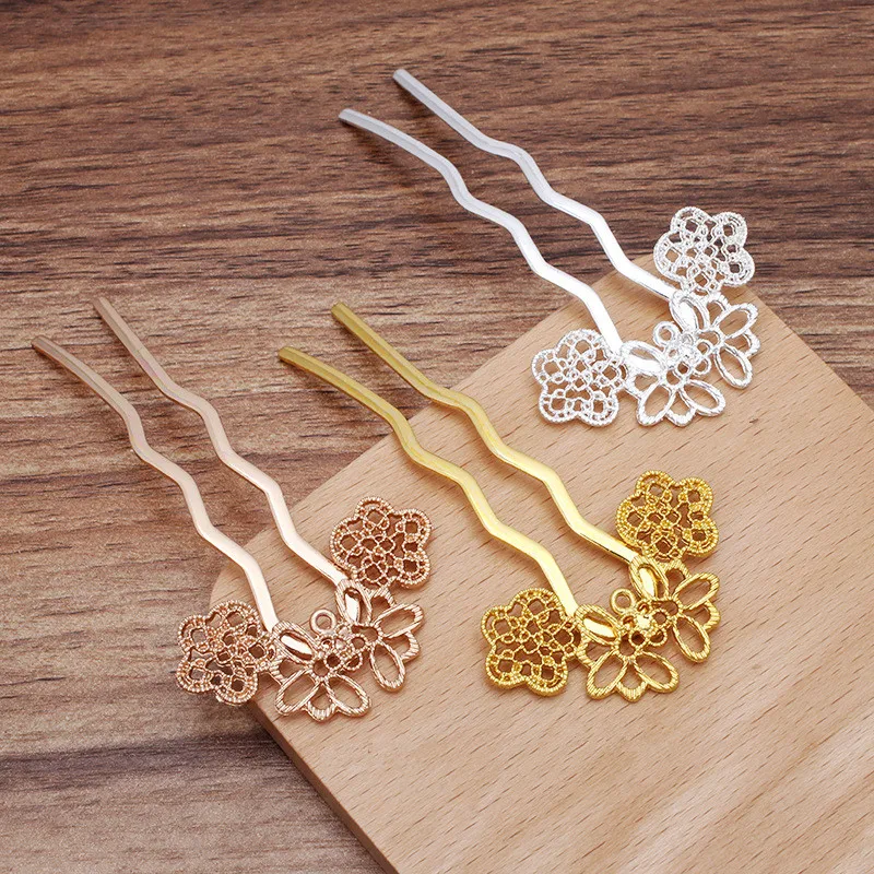 Jewelry Accessories 2pcs/lot Metal Brass U Shape Hair Pins Alloy Flower Hair Forks Comb Vintage Jewelry Making Supplies Tiara