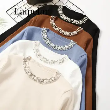 

Autumn Winter Women Beaded Sweater 2019 O-Neck elegant sweater Jumper Top Loose Casual Warm Femme Sweater knitting bottom shirt