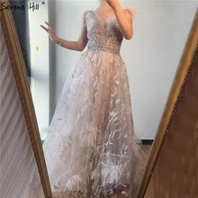 Дубай шампанского v-образным вырезом сексуальные вечерние платья выпускного вечера перья Кристальные без рукавов вечерние платья Serene Хилл DLA70260