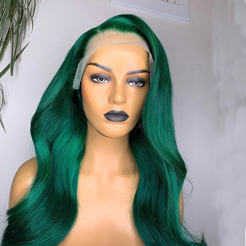 Green HighlightsColored Green Lace Front Human Hair Wig 180Density  Brazilian Remy Wavy Lace Frontal Wigs For Women
