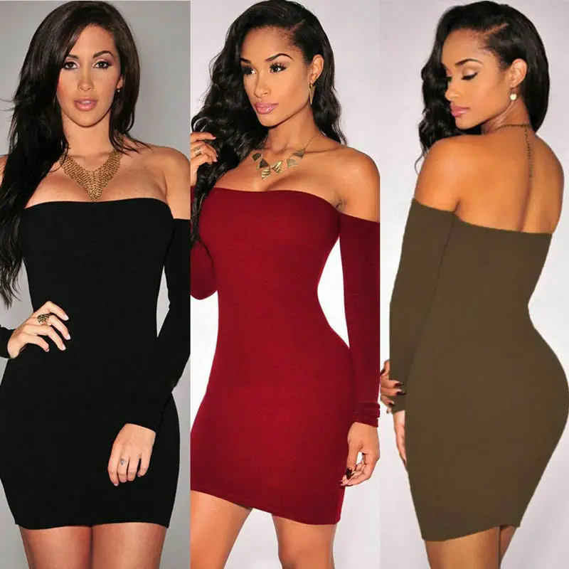 

New Womens Summer Long Sleeve Solid Slash Neck Casual Off Shoulder Party Evening Sheath Dress Short Mini Dress
