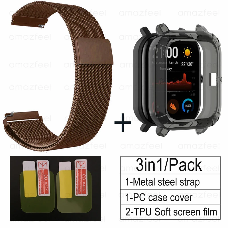 3в1 Для Amazfit GTS наручный ремешок с TPU чехол металлический Миланский Браслет для Huami Amazfit gts ремешок для экрана Защитная пленка - Цвет: coffee-black