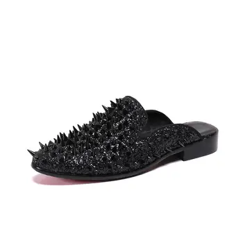 

New Luxury Rivets Mules Shoes Summer Casual Men Shoes Outdoor Web Celebrity Shoes Web Celebrity Shoes Pointed Toe Beach Slipper