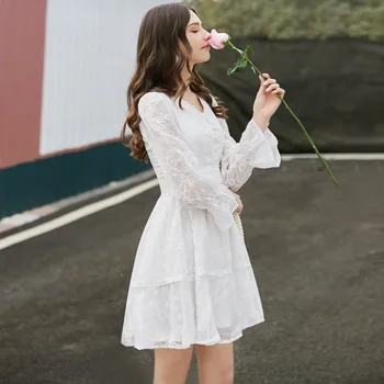 

High Quality French Style Dress Women Spring and Summer Fashion V-neck All Match White Elegant Dress Women