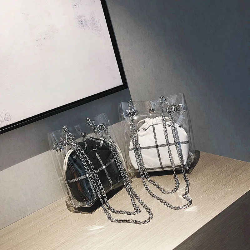 

Summer Small Bag Women's 2018 New Style Trend Versatile Shoulder Bag Plastic Transparent Chain Shoulder Bucket Bag