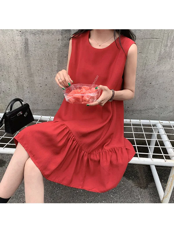 

Tank Dress Women's Crew Neck Sleeveless Summer Korean-style Black And White with Pattern Pullover Shirred A- line Base Suspender