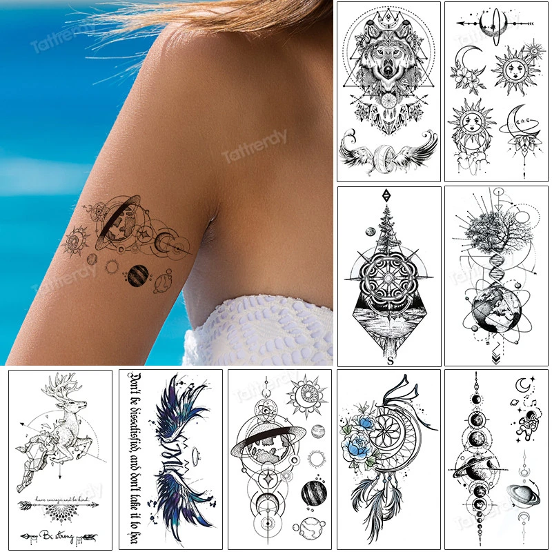 Small Tattoo For Women Girl Kids Cute Hand Finger Tattoo Temporary Waterproof Planet Space Sun Moon Wings Tattoo Sticker Black Temporary Tattoos Aliexpress