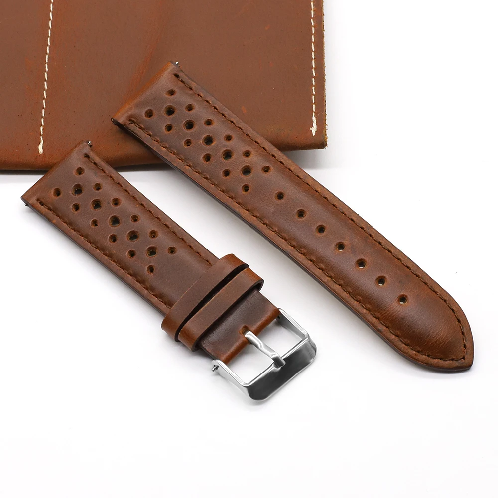 Vintage Handmade Racing Leather Watch Strap - Breathable Porous Design in Gray, Black, Brown, and Blue