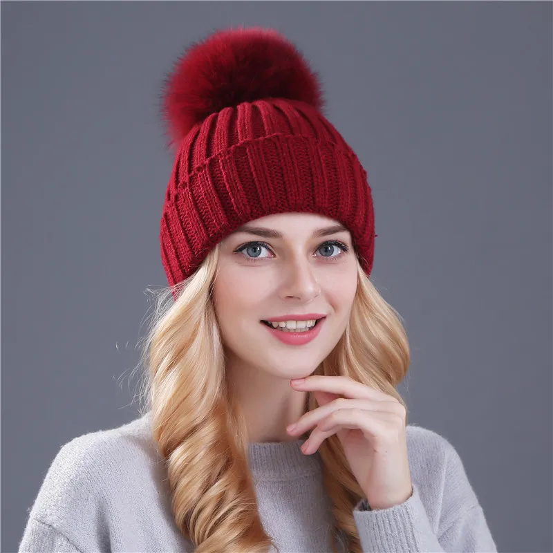 fox wine Xthree, шапка из меха норки и лисы, помпоны, зимняя женская шапка, шапка для девочек, вязаные шапки, шапка, фирменная Новинка, толстая женская шапка - Цвет: fox wine