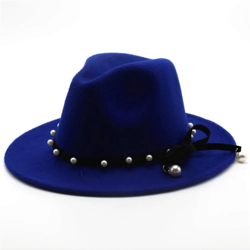 Модная женская и Мужская шерстяная шляпа Fedora с заклепками в стиле панк Элегантные женские вечерние шляпы шляпа с бантиком размер 56-58 см - Цвет: Blue