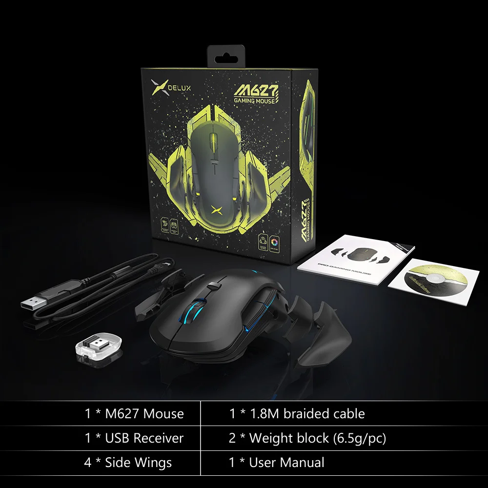 Delux M627 PMW3389 Wired+ Wireless Dual Mode RGB Gaming Mouse 16000 DPI 8 Buttons Left And Right Hand Mice With DIY Side Wings