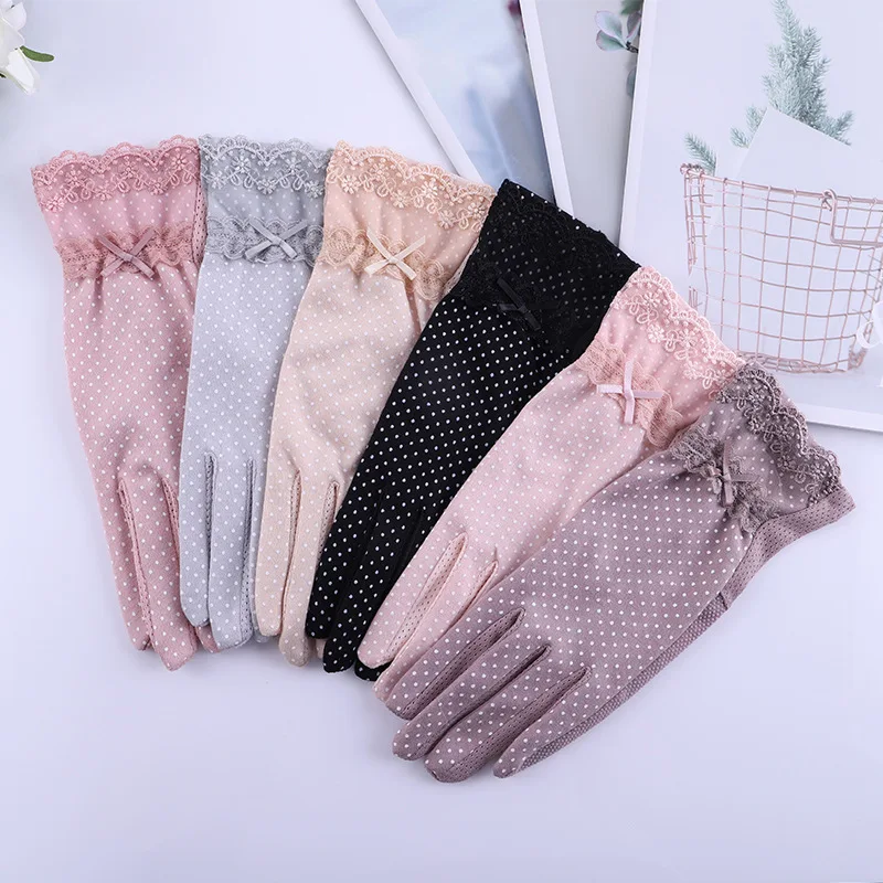 

New Spring and Summer Ladies Non-slip Lace Finger Gloves Outdoor Bowknot Touch Screen Sunscreen Gloves