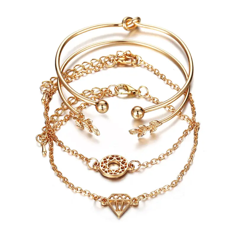 Модный браслет в богемном стиле с сердечками, многослойный браслет с кристаллами, женский подарок, винтажные браслеты для свадьбы и вечеринки - Окраска металла: Gold Leaves