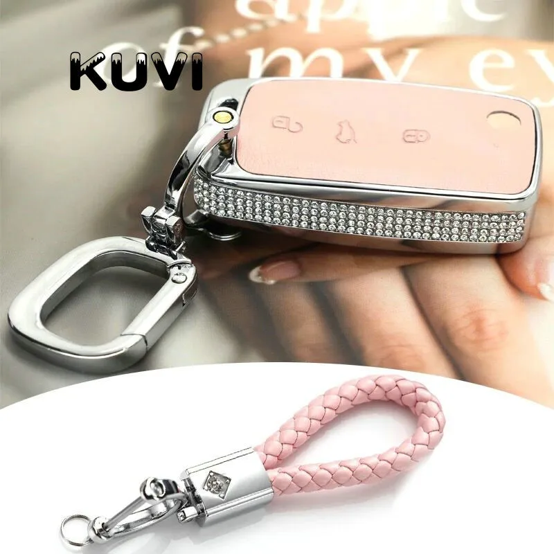 pink with keychain2 Алмазный Кожаный чехол для автомобильных ключей, чехол для автомобильных ключей сумка подходит для VW Volkswagen Skoda OCTAVIA III Golf7 Polo Tiguan Passat Jetta MK5 MK6 T5 жука и т. д - Название цвета: pink with keychain2
