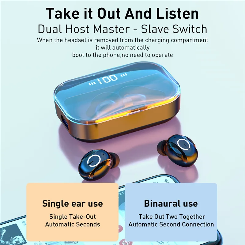 Earbud headset connection TWS Wireless Bluetooth earbuds Earphone Stereo Sports Waterproof Earphone Charging Box mobile power