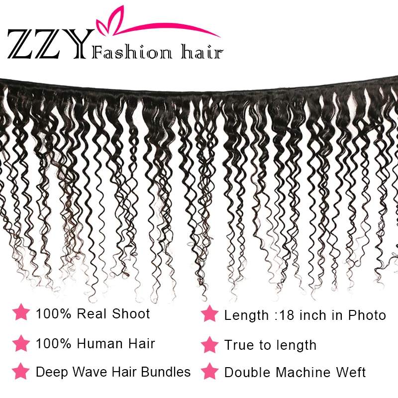 ZZY Fashion Deep Wave Peruvian Hair Weave Bundles Natural Color Human Hair Bundles M Ratio Non-Remy Hair Extensions 4 Bundles