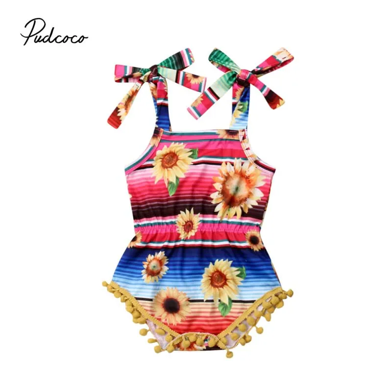 

2019 Baby Summer Clothing Infant Kids Baby Girls Boys Colorful Striped Bodysuits Sleeveless Sunflowers Tassel Jumpsuits 0-24M