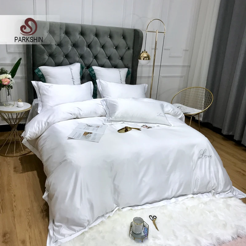 

ParkShin Luxury Bedding Set Pure Satin Silk Pure Color European Style Embroidery Bed Sheet Quilt Cover Pillowcase Duvet Cover