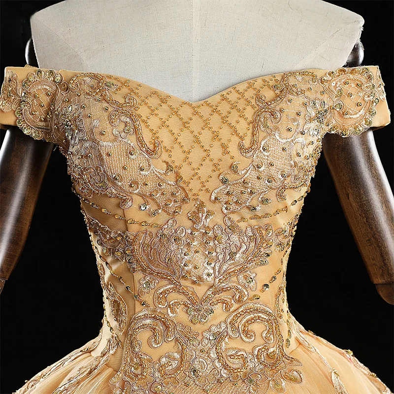 Бальные платья золотого цвета с открытыми плечами, кружевное с аппликацией из бусин, бальное платье для вечеринки, бальные платья