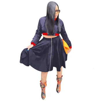 

Women Set Zipper Long Sleeve Pleated Skirts Suits Tops + Skirts Two Piece Skirt Set Casual Solid Color 2 Piece Set Women Outfits