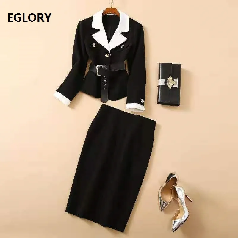 

High Quality New Blazer Sets 2021 Spring Autumn Business Suit Women Notched Collar White Color Block Blazer Coat+Pencil Skirts