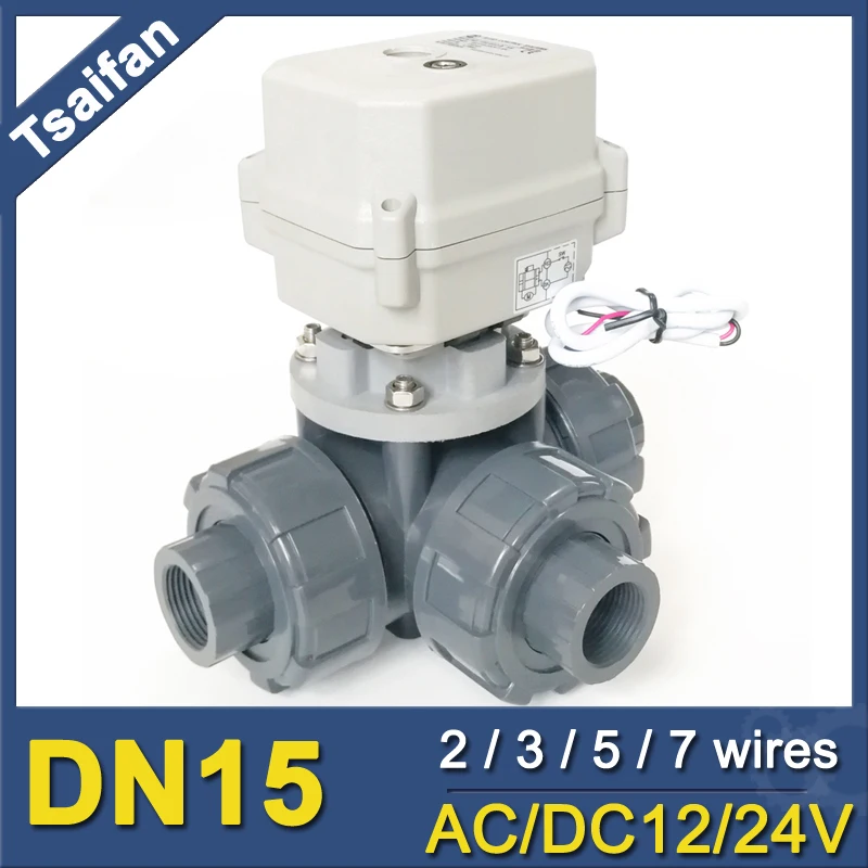 DN15 Электрический моторизованный шаровой клапан 3-way UPVC, DC 12to 24V eletric регулирующий водяной клапан с ручным переопределением и индикатором