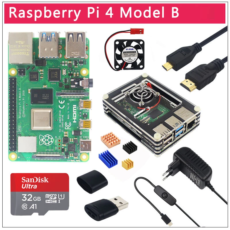 Billige Original UK Raspberry Pi 4 Modell B 1 2 4GB RAM BCM2711 Option Fall | 32 GB SD Karte | Schalter Power | Micro HDMI | 9 Schicht Fall | Fan