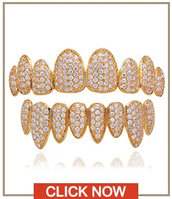 LuReen Iced Out Grillz Vampire Fangs Grillz Top Bottom Gold Teeth Hip Hop Tooth Caps CZ Crystal Bling Grillz Rapper Jewelry