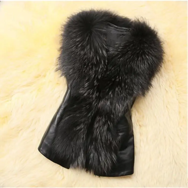 Women Leather Jacket Fur Collar Stitching Simulation Leather Oversized Raccoon Autumn Winter Solid Color Sleeveless Vest Coat