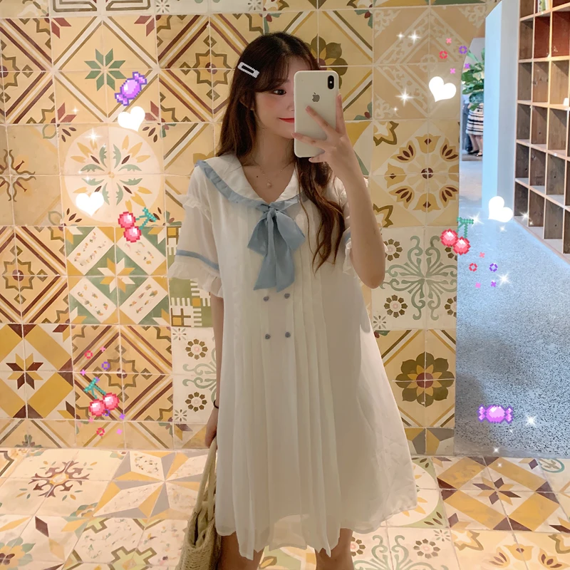 Женские летние Kawaii милые платья Ins Chic Ins милое платье с воротничком для куклы Женская милая панк-Одежда Harajuku для женщин пляж