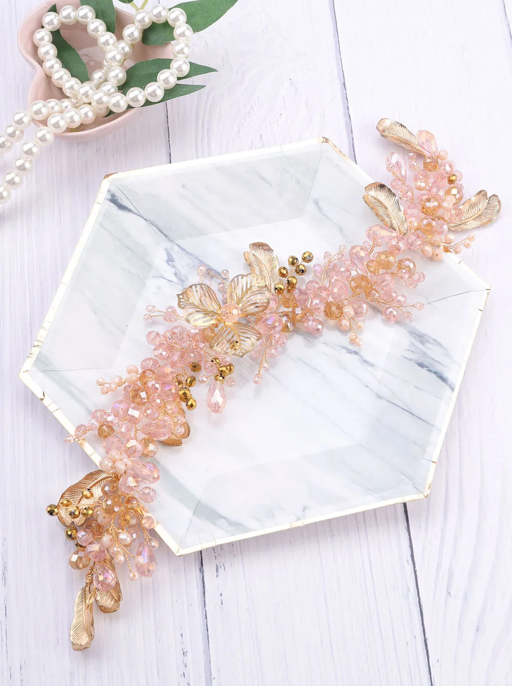 Brideamaid Flower Headband Gold Pink Crystal Wedding Hair Vine Hairpiece Bridal Hair Accessories