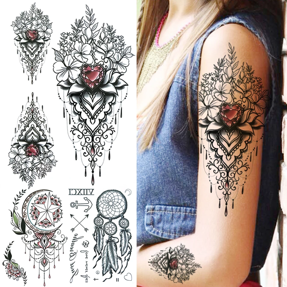 

Jewelry Diamond Flower Temporary Tattoos For Women Girls Fake Dream Catcher Tattoo Sticker Moon Star Dreamcatcher Tatoos Paper