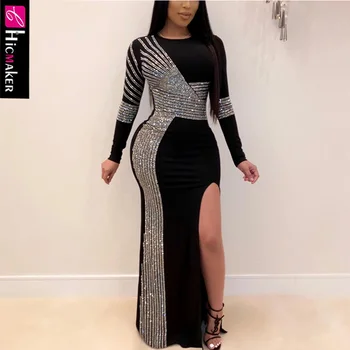 

Women Plus Size Oversize O-neck Long Sleeve Sequined Slit Bodycon Dress Chic Shining Sparkly Night Out Party Vestido