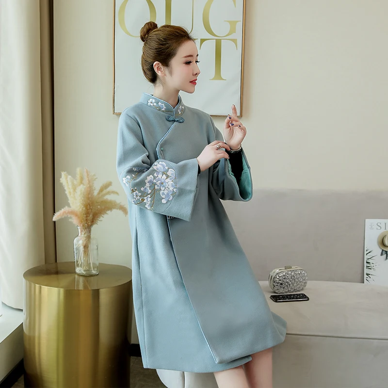Винтажное женское китайское платье с длинным рукавом morden qipao элегантное шерстяное платье с цветочной вышивкой плотное теплое платье Чонсам плюс - Цвет: color1
