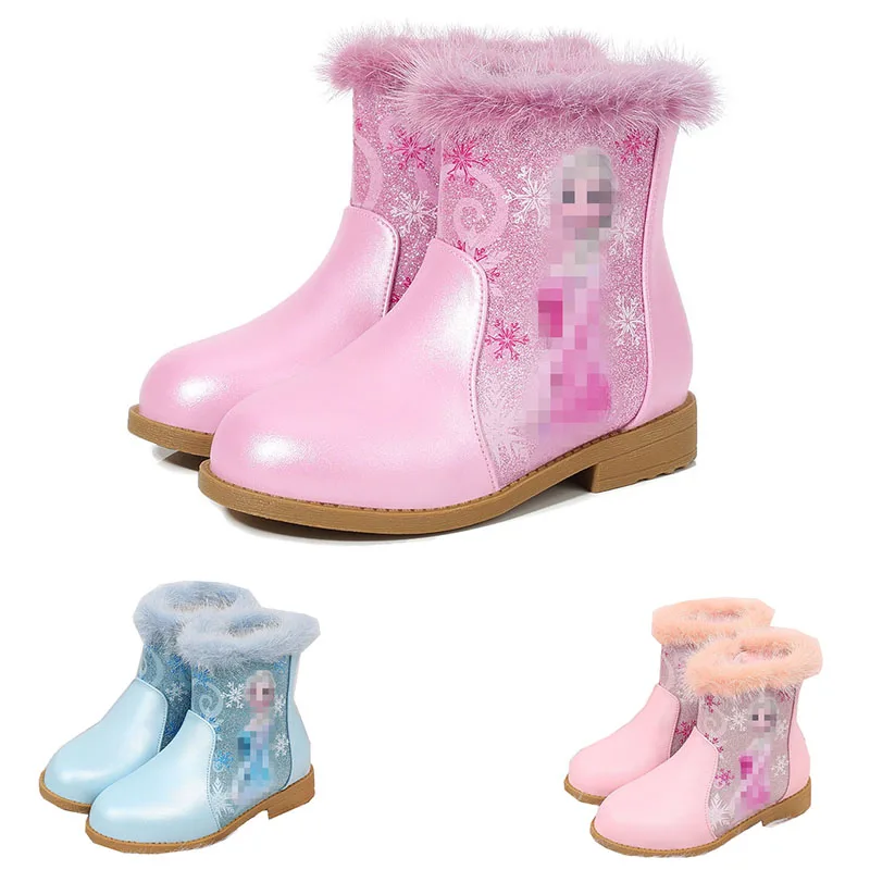 

New Girls Elsa Autumn Winter Elsa Princess Boots Cute Warm Beads Cartoon Elsa Leather Sequins Snow Boots Kids Cartoon Shoes