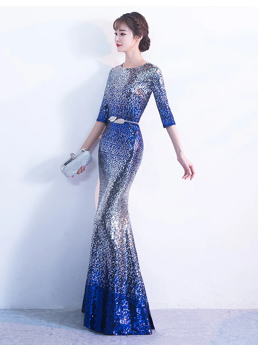 Evening Gown O-neck Half-sleeve Mermaid Evening Dress New Floor Length Elegant Robe De Soiree Bling Sequin Formal Gown F296