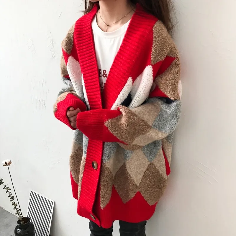 

Spring 2020 new Korean style thickened diamond loose lazy coat ins super hot sweater cardigan fashion