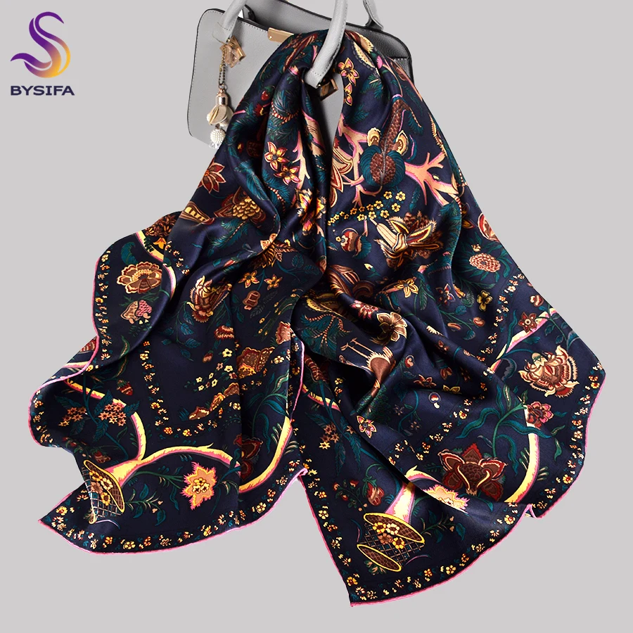 BYSIFA|Navy Blue Gold 100% Silk Scarf Hijab Ladies Rich Floral Design Printed Square Scarves 110*110cm Fall Winter Wraps |