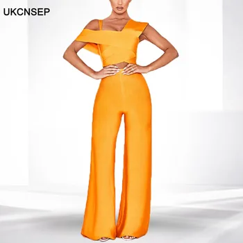 

UKCNSEP Two Piece Sets Womens Jumpsuit 2020 Sexy One Shoulder Bodycon Bandage Jumpsuit Elegant Overalls for Women Bandage Sets